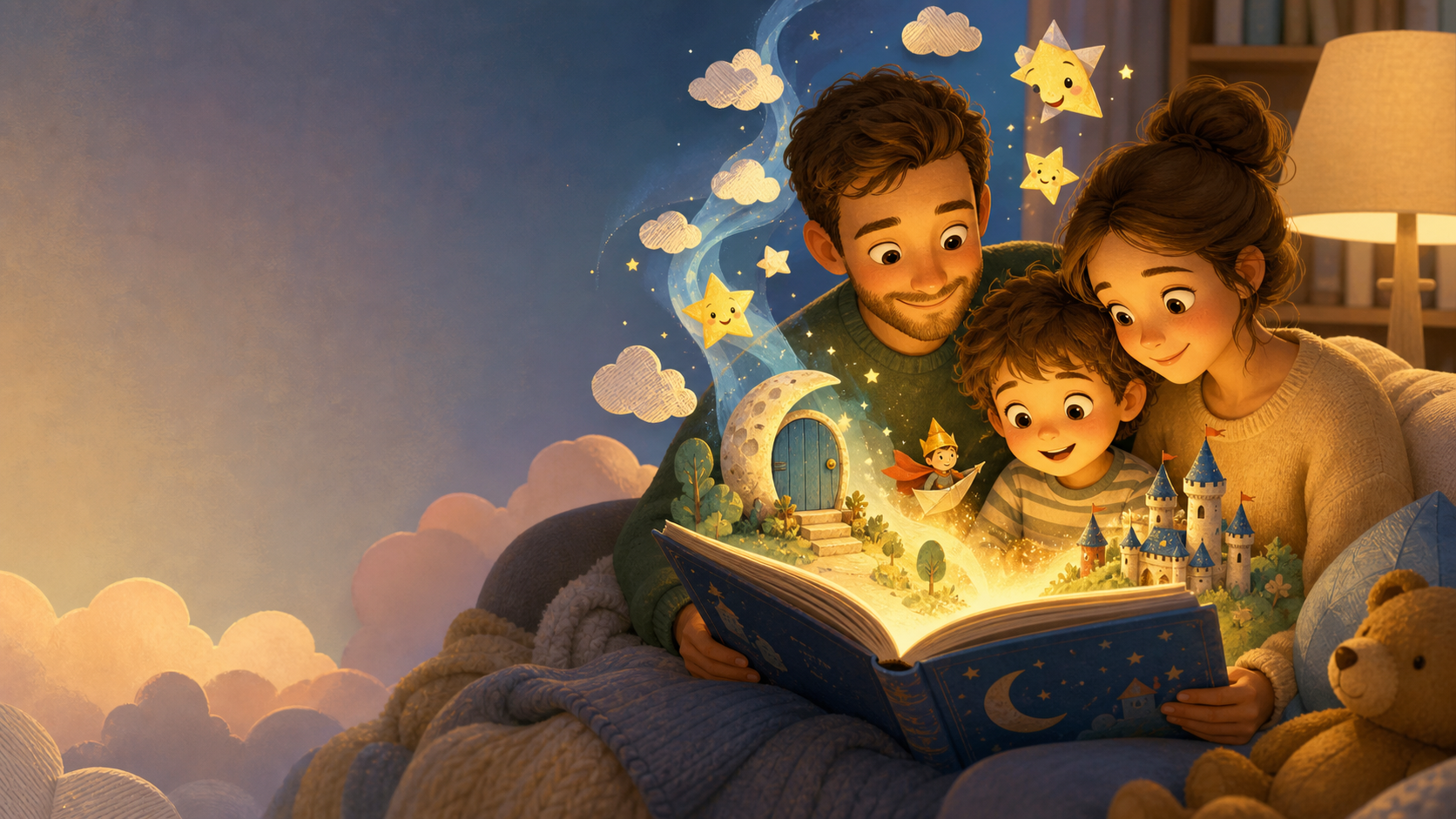 A cozy family reading a glowing storybook with whimsical scenes rising from the pages.